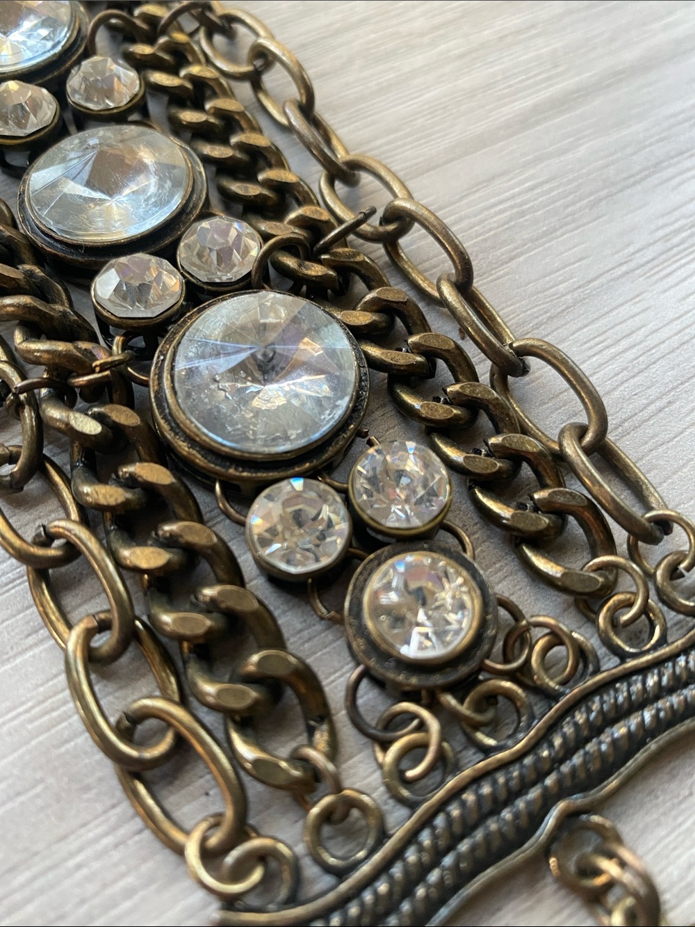 Antique Gold-Tone Multi-Chain Bracelet with Clear Crystal Cabochons
